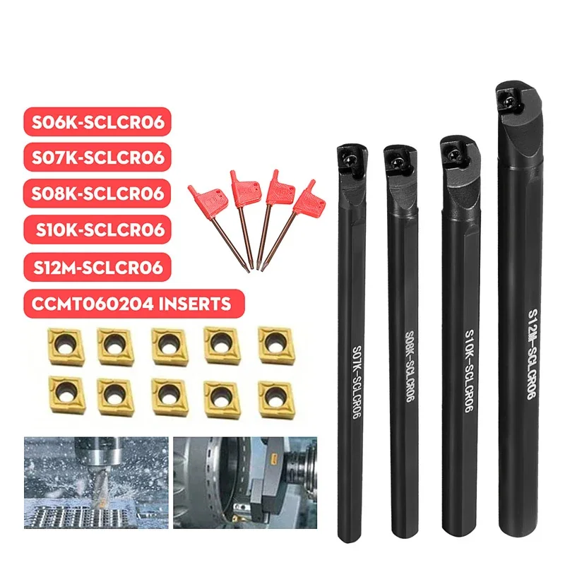 SCLCR06 S06K S07K S08K S10K S12M Turning Tool Holder +10PCS CCMT060204 Carbide Inserts SCLCR CCMT Lathe Cutting Tools Set