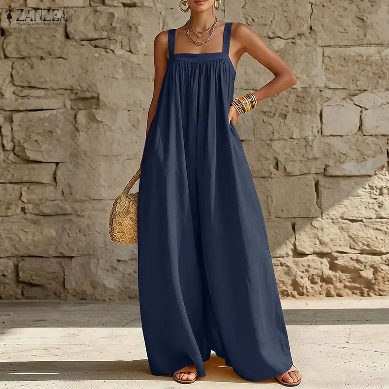 ZANZEA Summer Sleeveless Square Neck Rompers Fashion Women Jumpsuit Loose Wide Leg Trousers Casual Beach Vacation Solid Playsuit