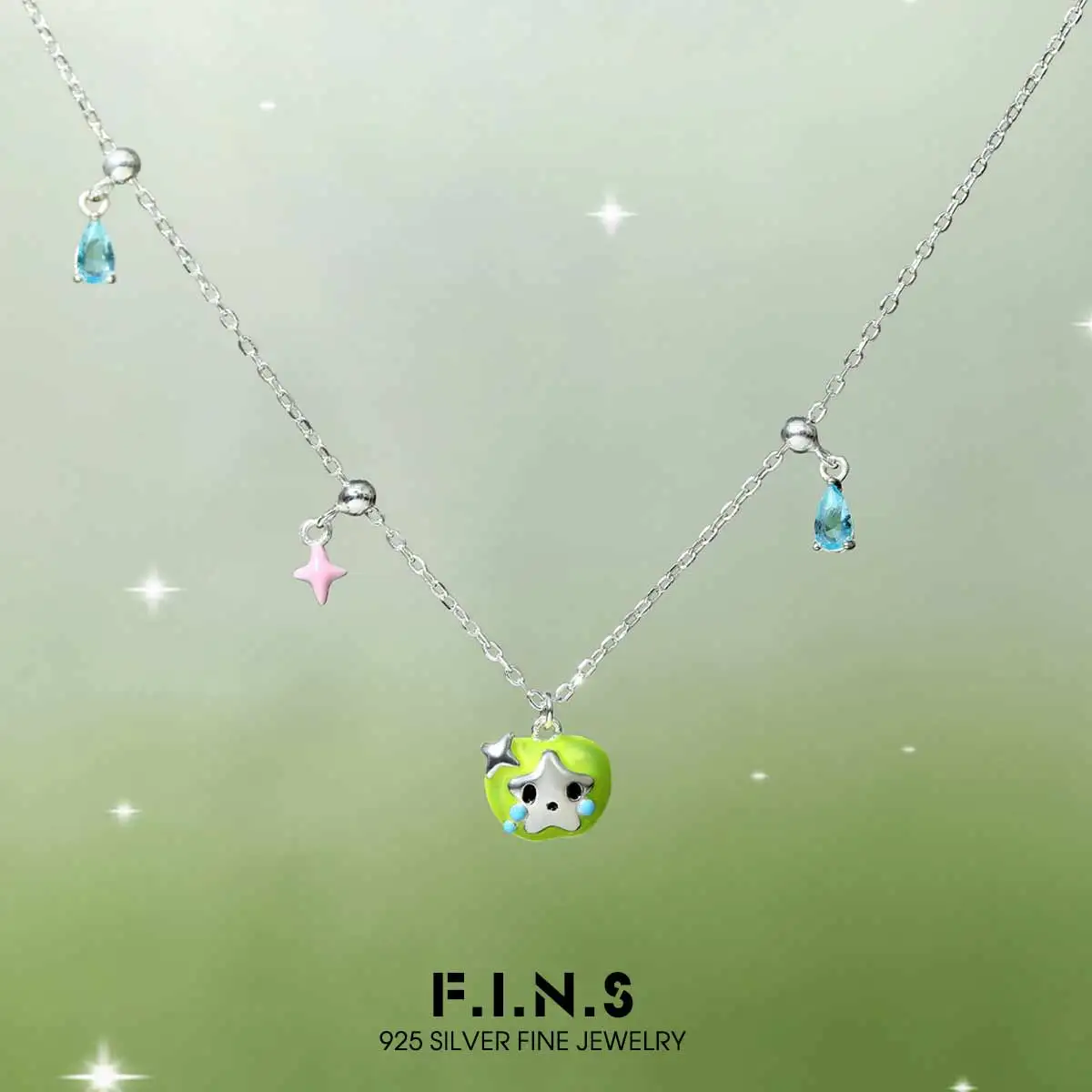 

F.I.N.S Original Heartbroken Green Apple S925 Sterling Silver Necklace Cute Star Waterdrop Pendant Zircon Childhood Fine Jewelry