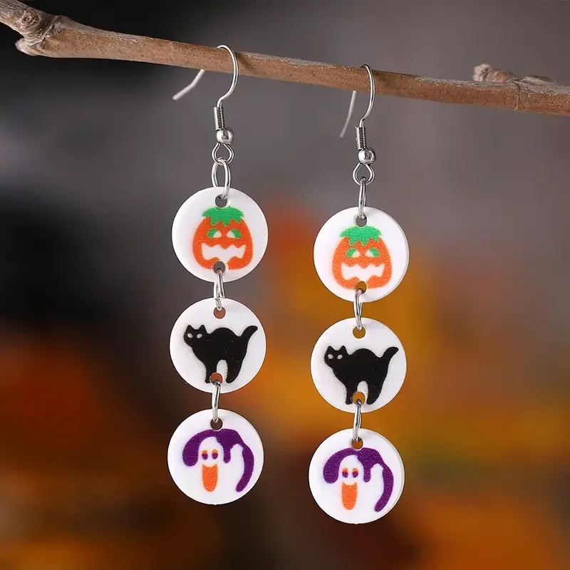 Halloween Series Round Long Dangle Earrings With Ghost Pumpkin Cat Pattern Acrylic Jewelry Retro Cute Style Trendy Female Gift