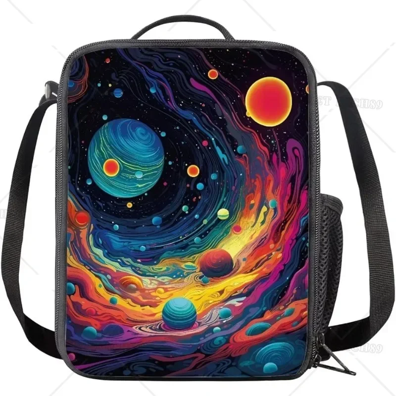 

Color Planet Print Reusable Lunch Box for Boys Girls Large Insulated Cooler Lunch Bag with Side Pocket for Kids School Work