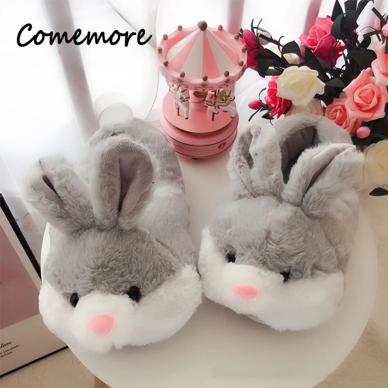 Comemore 2024 Women Cute Animal Slippers Girls Rabbit Home Shoes Plus Size 44 Non Slip Flat Autumn Winter Warm Slipper Plush Men