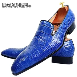 Sapatos masculinos com deslizamento em couro, sapato formal formal de casamento, marca de luxo, azul e preto