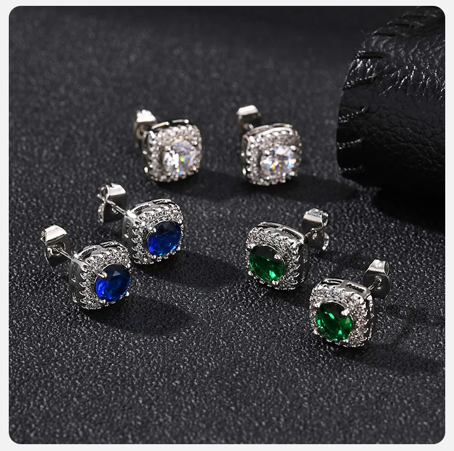 Vnox Quadratische Ohrstecker für Männer, Kupfergrün-Blaue Klare Zirkon-Ohrstecker, Klassischer Minimalistischer Hip-Hop-Schmuck als Geschenk für den Alltag – Detail 6