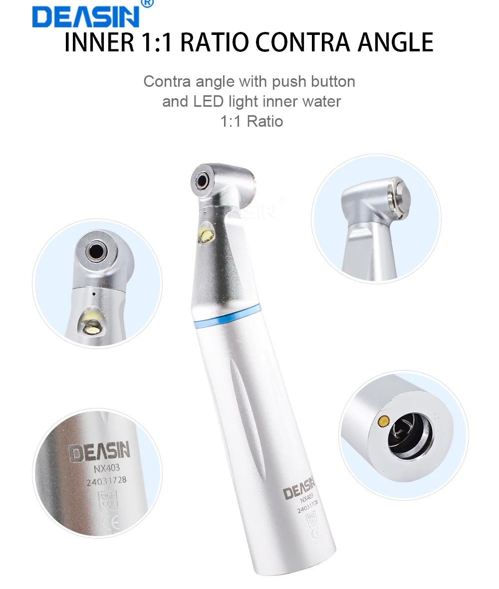 Dental LED Light 1:1 Współczynnik Contra Angle E-generator Niska prędkość Rękojeść Wewnętrzny strumień wody Stomatologia typu E