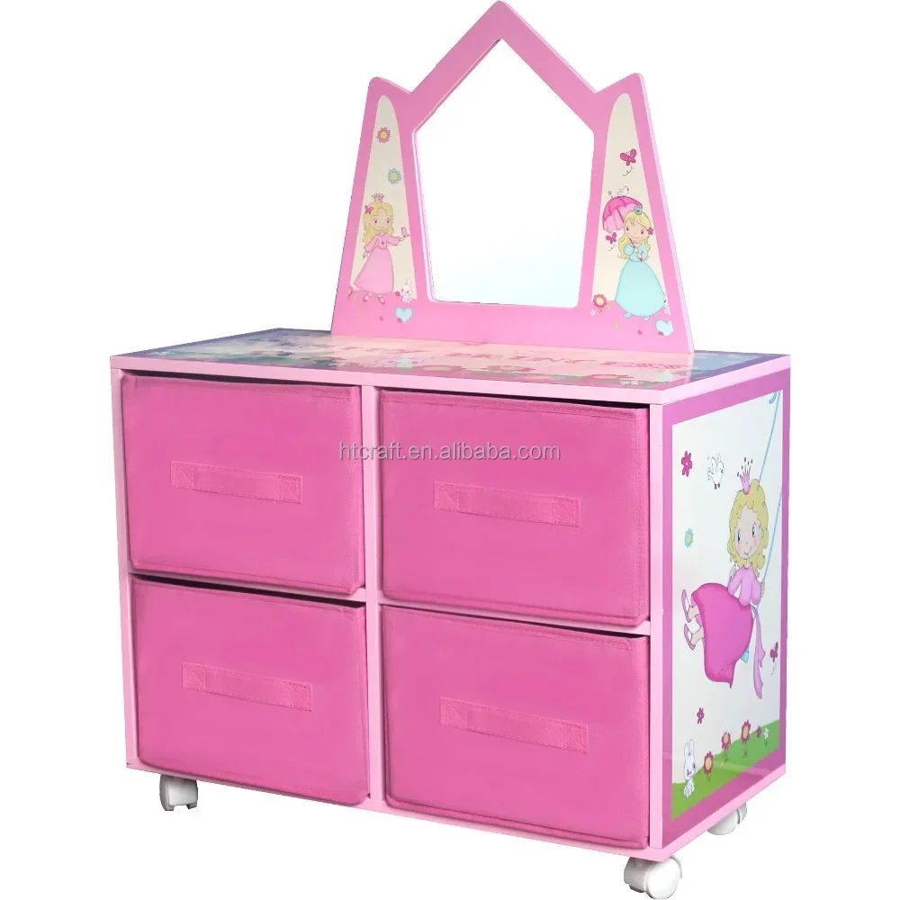 

60x29x(H)82cm Fancy Princess Style Wooden Children Dressing Table With Mirror And Fabric Drawers