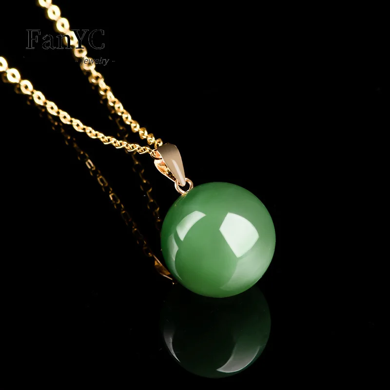 

Natural Hetian Jade Jasper Spinach Green Round Bead Pendant 18K Gold Buckle Simple Delicate Jade Necklace Men and Women Gift