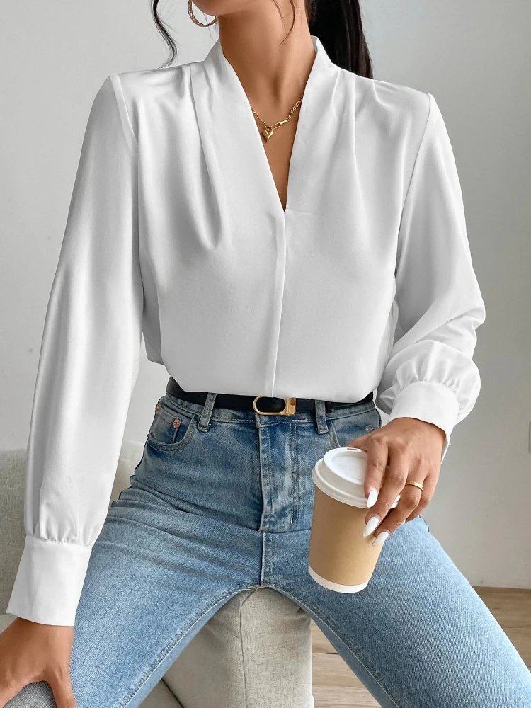 Sexy decote em v manga longa blusas e camisas senhora do escritório outono inverno moda elegante blusa para mulher 2024 feminino preto topos