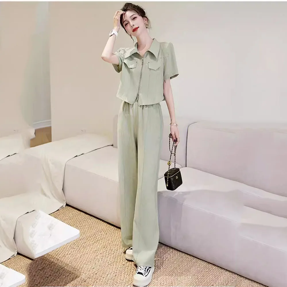 Summer New Fashion Fried Street Light Cooked Temperament High Sense Suit Women's Shirts Wide-leg Pants Casual Two-piece Suit Tid