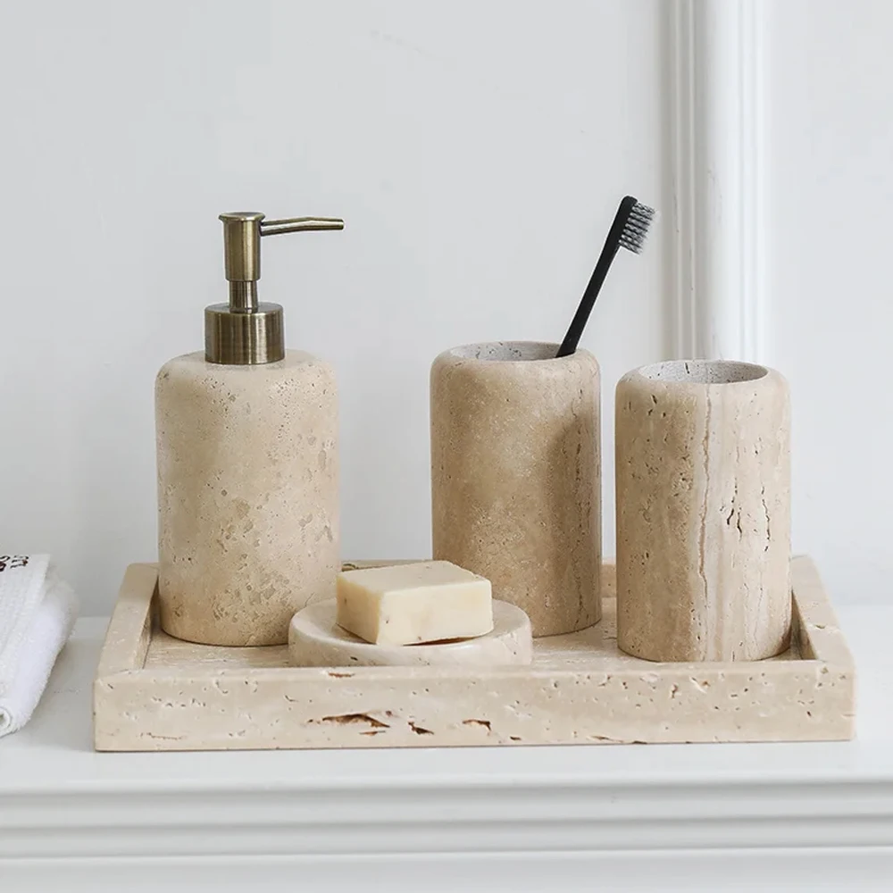 

Nordic Cave Stone Bathroom Suit Lotion Bottle Toothbrush Storage Cup Soap Dish Cotton Swab Jar Marble Tray Bathroom Accessories