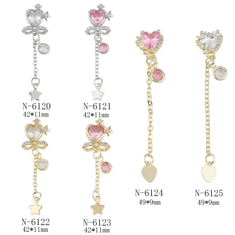 5Pcs New Japanese Nail Art Bow Zircon Pendant High Color Retention Heart Diamond Nail Decoration
