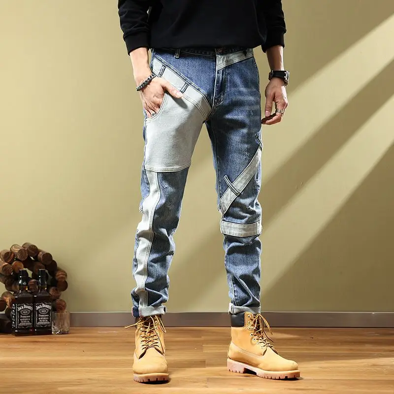 Calça de cintura alta masculina com bolsos, jeans chiques, retalhos, slim, versátil, simplicidade coreana, nova moda, roupas para primavera e outono