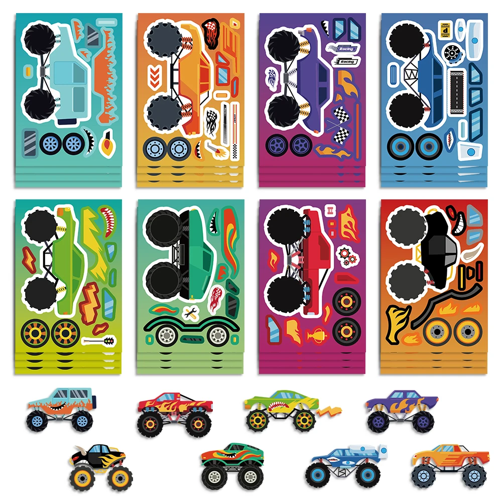 8/16/24Pcs Children DIY Puzzle Sticker Cool Off-road Vehicle Make A Face Funny Assemble Jigsaw Stickers Educational Toys