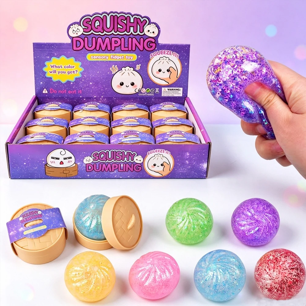 Steamed Bun Squeeze Toy Simulation Bao Stress Relief Fidget Toy with Beads Sparkles Soft Squishy Sensory Decompression Accessory