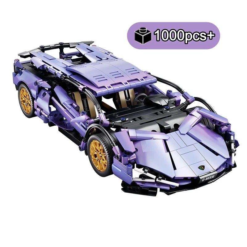 

1000 деталей, технические строительные блоки MOC, сверхскоростной фиолетовый спортивный автомобиль, для сборки, DIY, декор для стола, подарок на день рождения