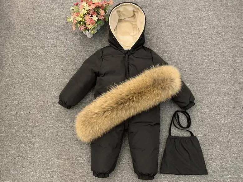 Winter Ski Suit Baby Jumpsuit Boy Overalls Warm Down Jacket Coat Kids Girl Clothing Luxury Real Raccoon Fur Rompers with Bag