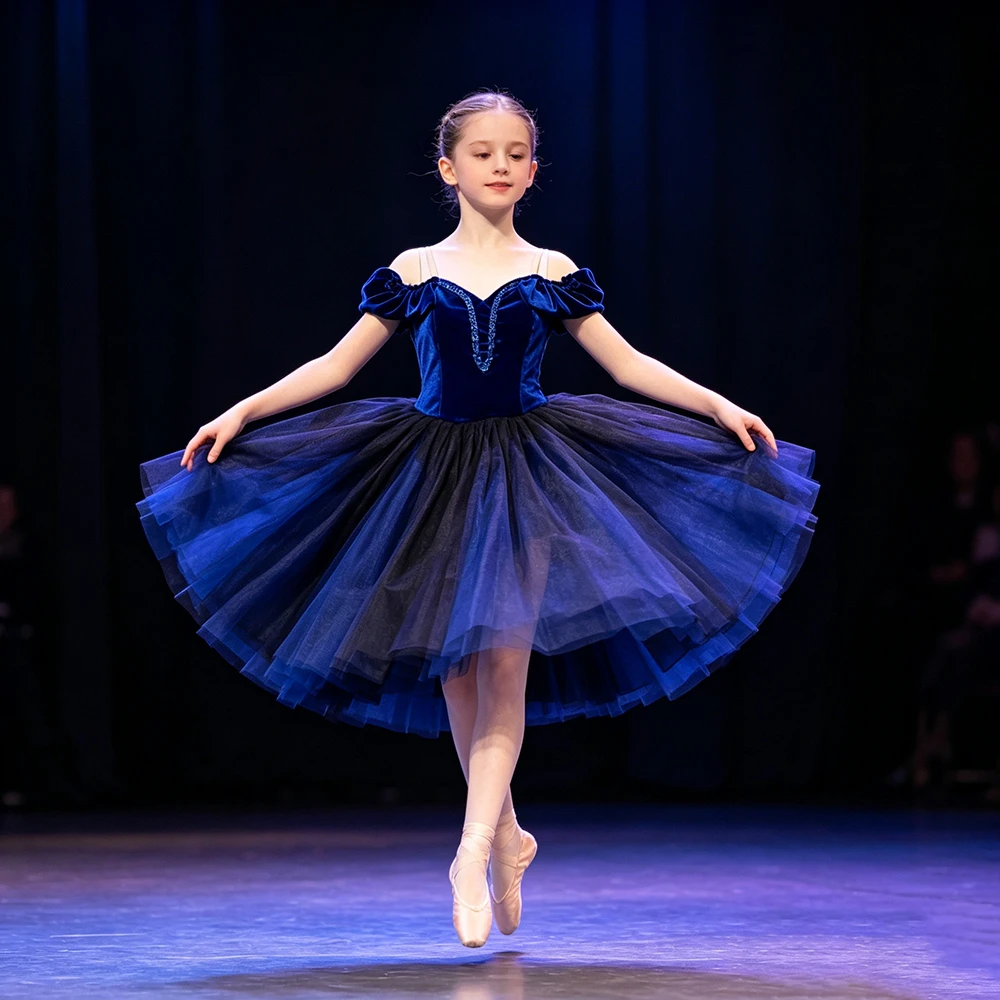 Königsblaues Samt-Ballettkleid für Mädchen mit Tüllrock, Wadenlang, Professionelles Ballerina-Kostüm für Aufführungen und Tanzwettbewerbe