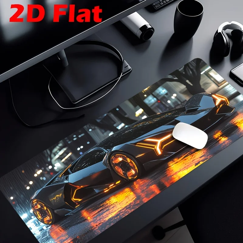 2D Flat High-Definition Desk Mat Featuring a Futuristic Sports Car, Equipped with a Non-Slip Rubber Base, Suitable for Gaming Mice And Multifunctional Use As a