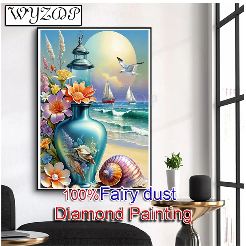 Seaside scenery 100% Fairy Dust Diamond Painting Full Square Diamond Embroidery Cross Stitch AB Diamond Art Crystal Home Decor