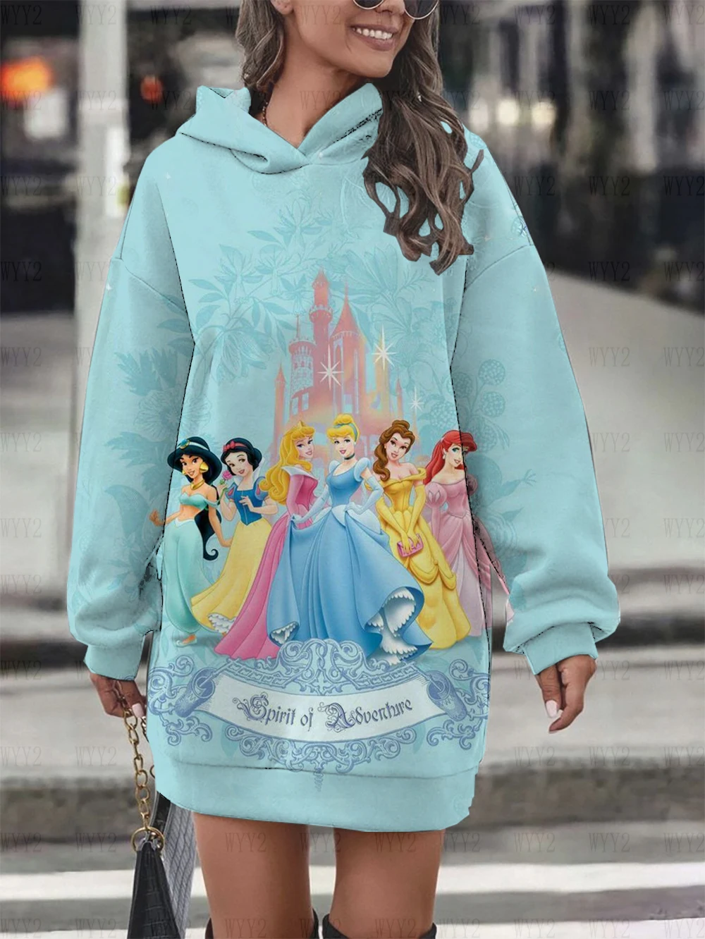 Autumn and Winter Disney Princess Family Portrait Print Women\'s Long Sleeve Pullover Hoodie Dress Elegant Party Birthday Gift