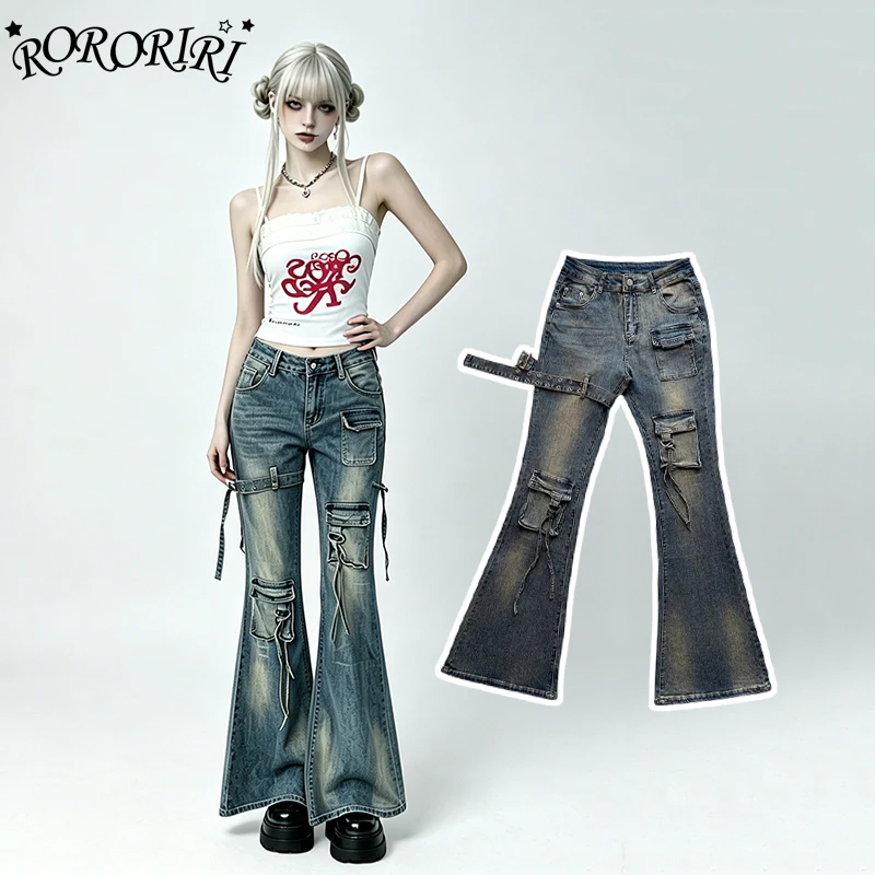 

RORORIRI Korean Women Bootcut Jeans Vintage Trendy Stretchy High Rise Do Old Slim Belt Cargo Denim Flare Trousers Y2K Streetwear