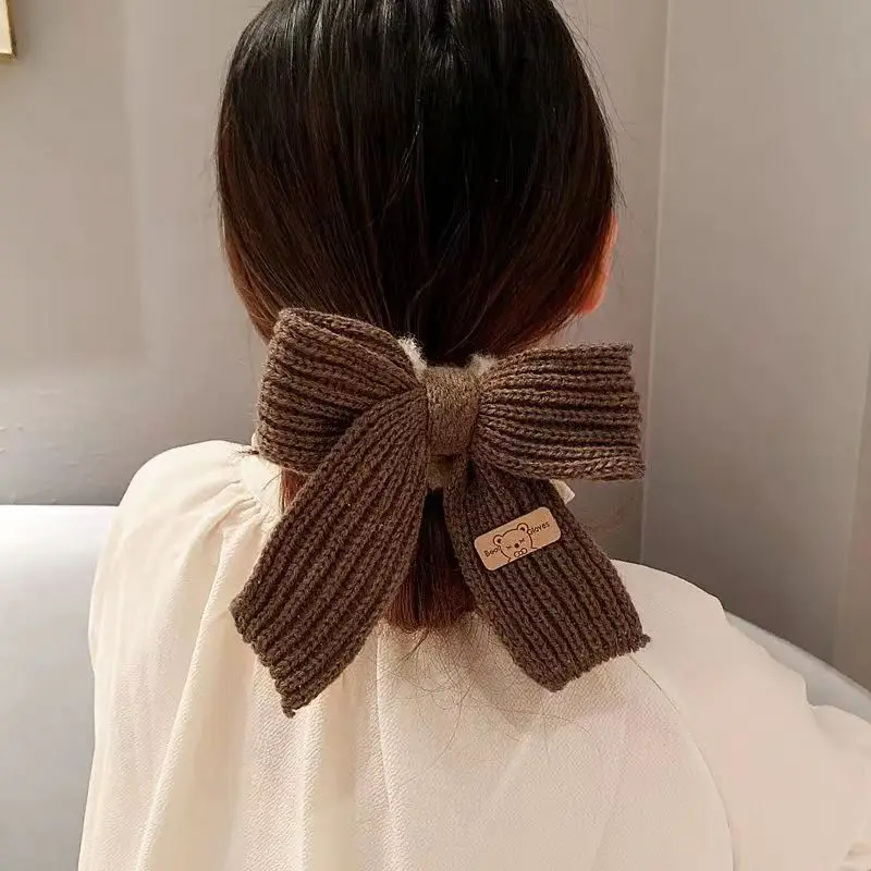 1pc Knitted Lamb Wool Bow Hair Rings - Solid Boho Chic Hair Ties for Girls Cozy Hair Accessories Set with Bow Clips image 3