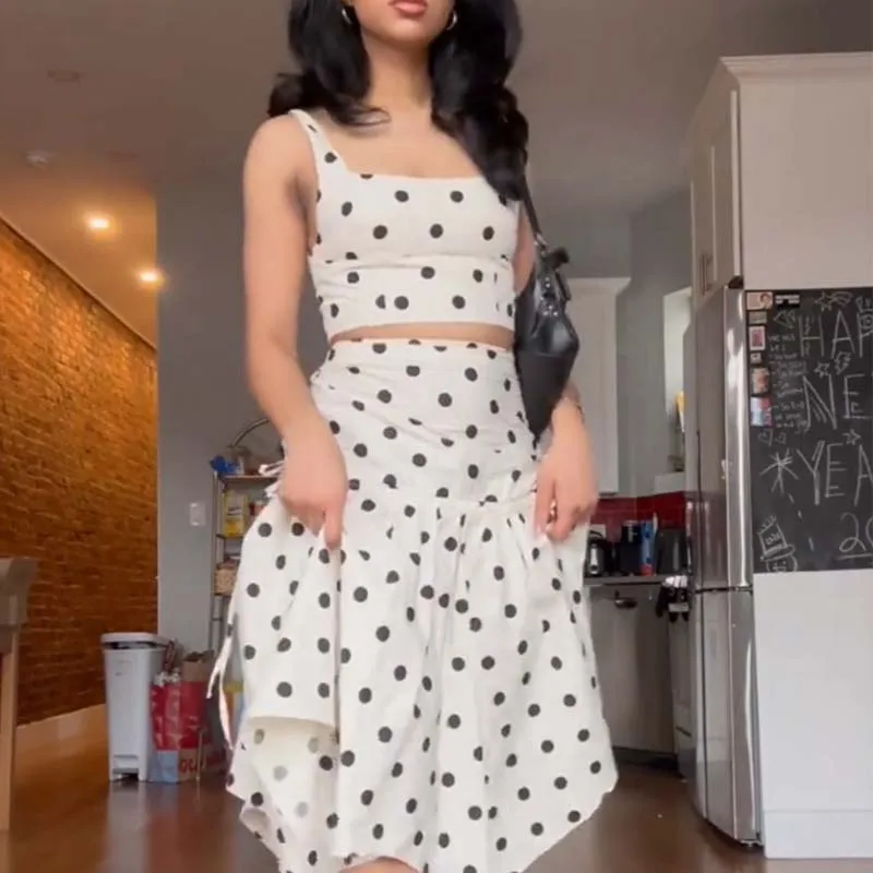 French Style Polka Dot Skirt Women High Waist Tiered Ruffle Midi Skirt Summer Beach Boho A-Line Irregular Skirt