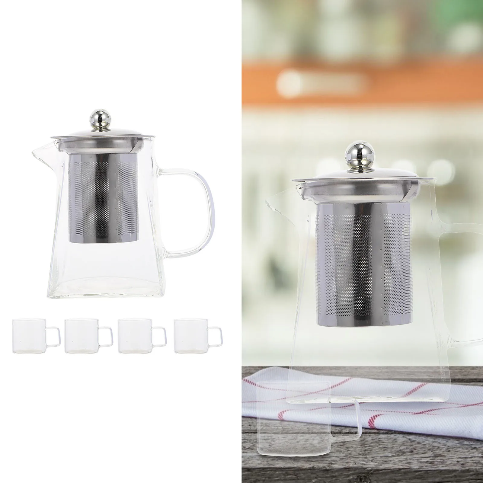 

Glass Heat Resistant Teapot Filter Tea Kettle Set Home Office Practical Tea Pot Cups Ergonomic Handle Filter Teapot