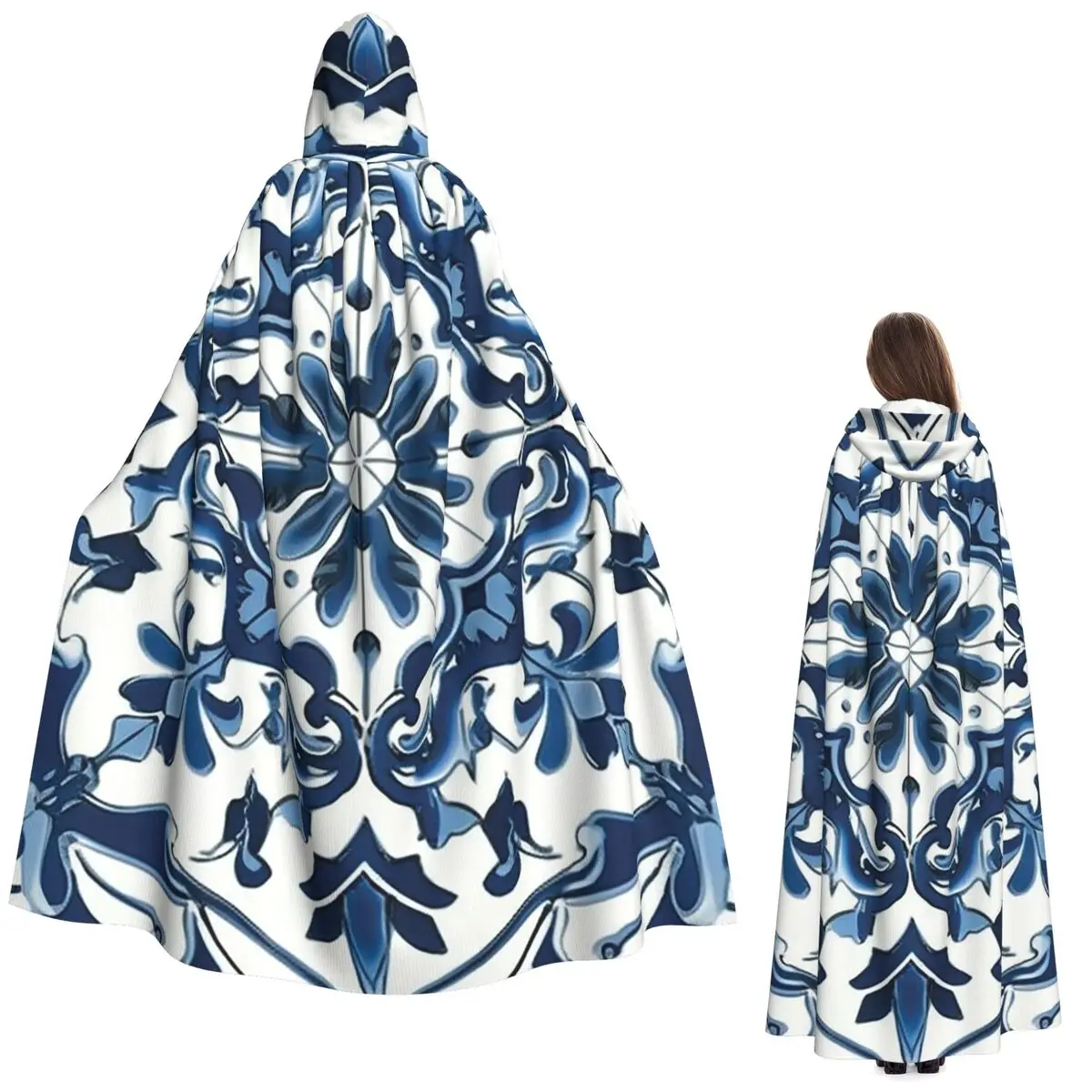 

Длинный плащ с капюшоном с сине-белым узором в стиле майолика, средневековый костюм ведьмы, накидка для косплея, на Хэллоуин, для взрослых, унисекс