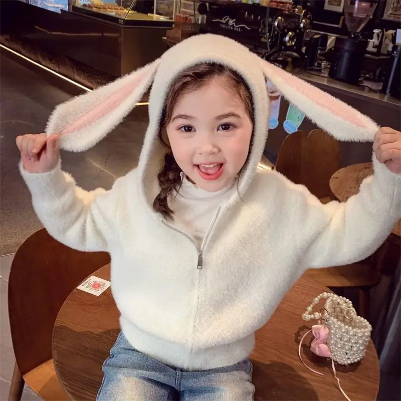

Girls Sweater Coat Thickened Mink Velvet Hooded Jacket with Bunny Ears Autumn and Winter Children's Knitted Cardigan Outer Wear