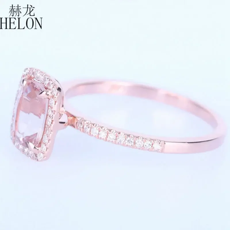 HELON Solid 18K Rose Gold Cushion 5x7mm Natural Morganite Diamonds Engagement Ring Women Wedding Band Anniversary Bridal Gift