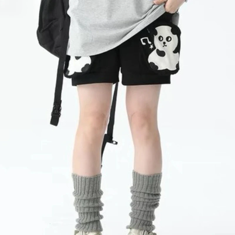 Pantalones cortos de algodón japonés Lolita para mujer, pantalones cortos informales bonitos y estéticos Y2k con cintura elástica Kawaii, bordado de Panda, verano
