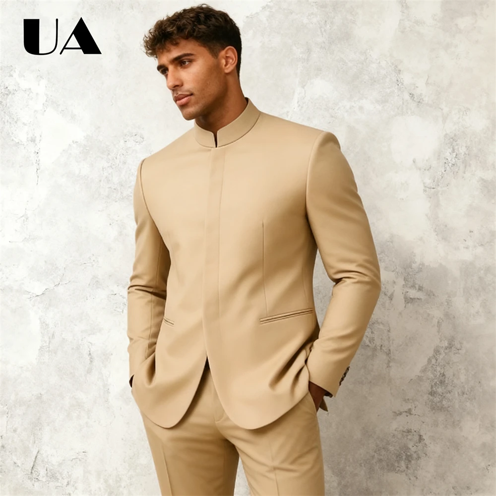 

Stand Collar 2-Piece Suit Attire for Men XXS-7XL, Hidden Buttons Formal Suit Set, Jacket Pants Casual Smart Tuxedo