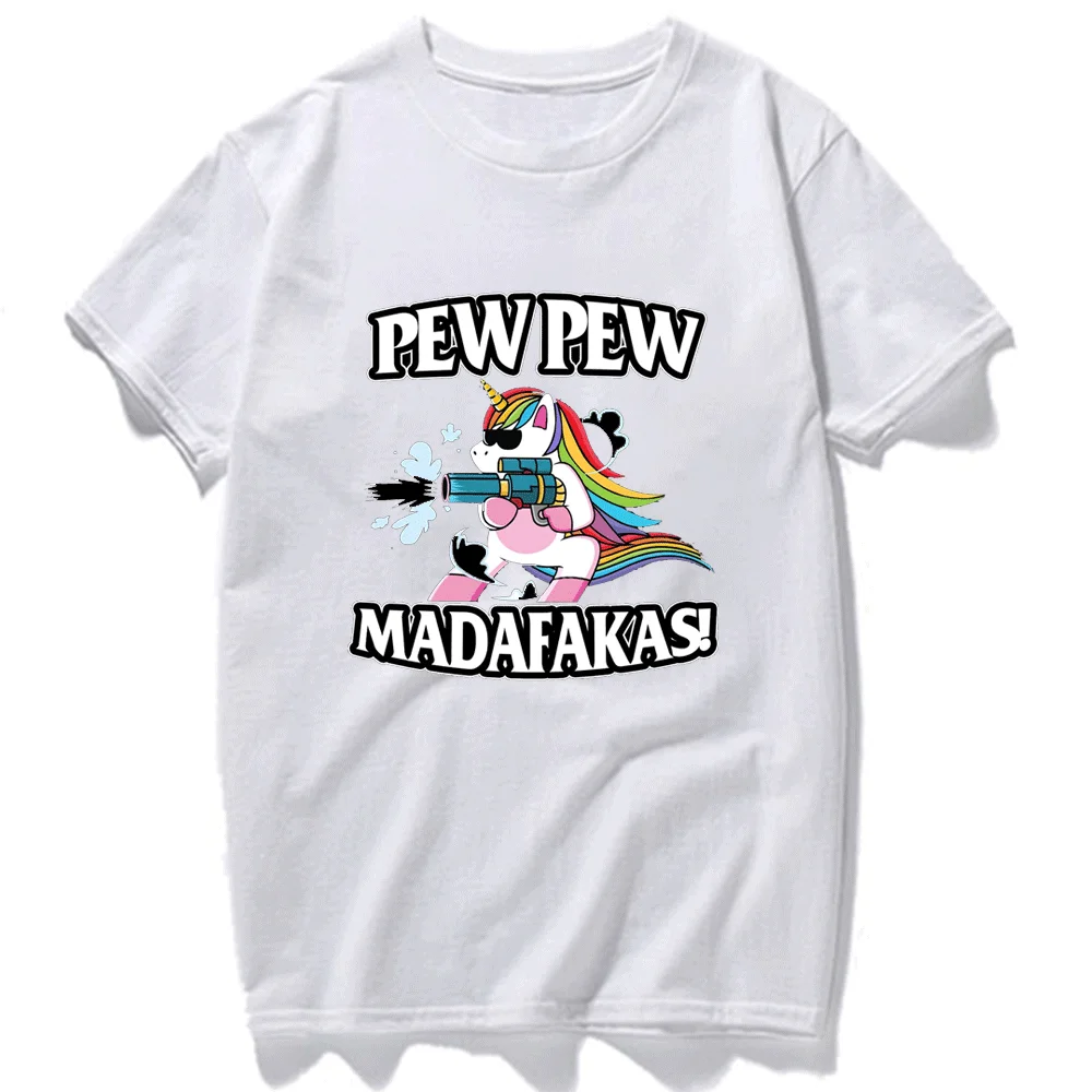 Pew Pew Madafakas Unicorn with Two Guns Printing Men Women Cotton T Shirts Summer Cotton Tops Funny Clothes Hip Hop Street Tees