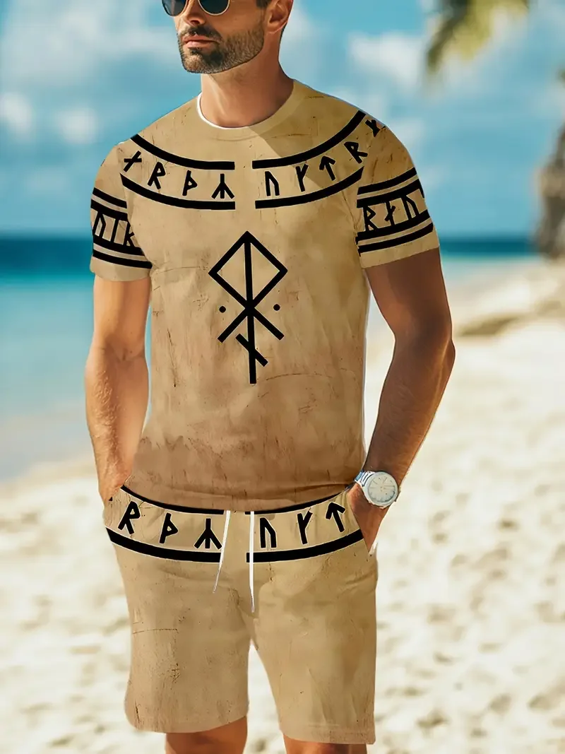 2025 casual and comfortable Summer chic outdoor activity 3D printed T-shirt set Printed Short Sleeve outdoor sport  set