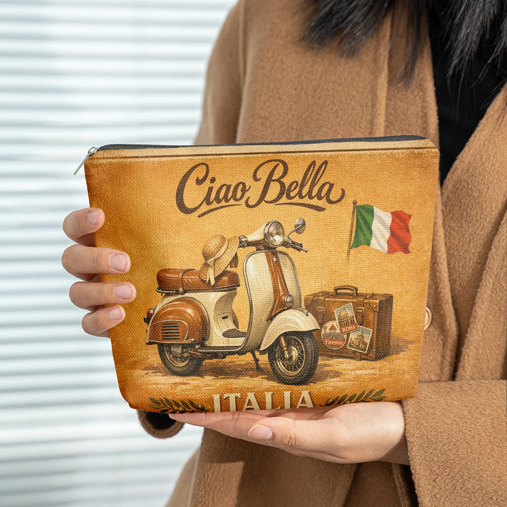 1 Piece Italian Retro Motorcycle Poster Design Makeup Bag - Multifunctional Zipper Pouch for Women, Perfect Travel Zipper Storage Bag, Fun Birthday Gift