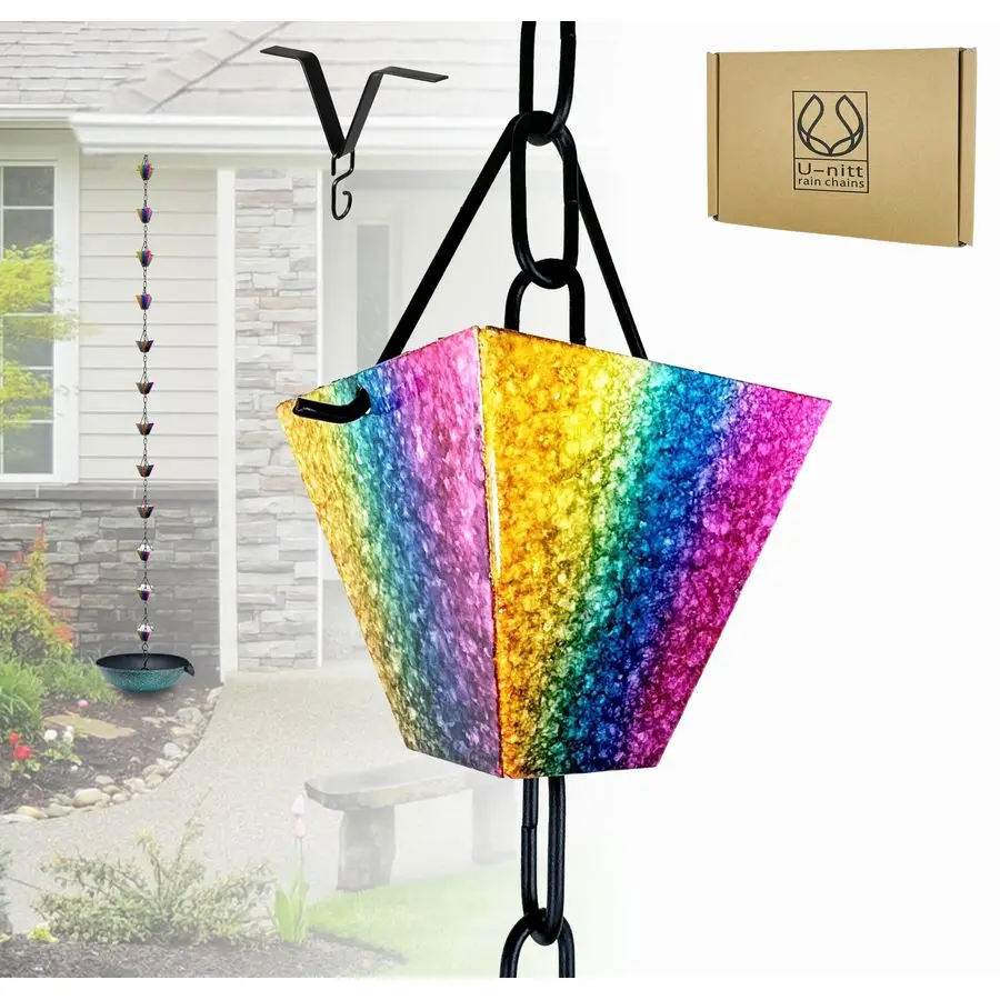 

Дождевая цепь для сбора воды из водостоков, уловитель и направитель дождевой воды, цепи длиной 8,5 футов для сада, квадратные чашки «Радуга», R