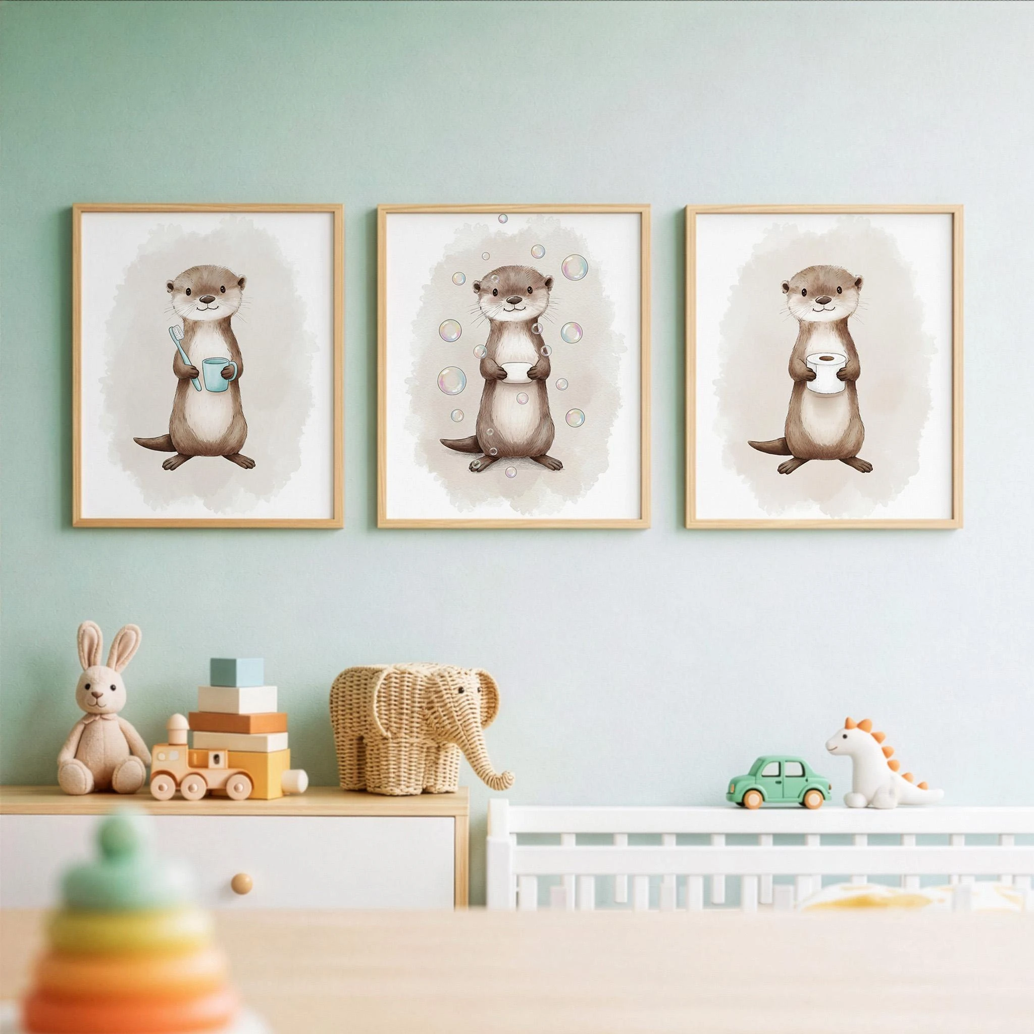 3pcs Fun Otter Bathroom Decorative Toothbrush, Bubbles,Toilet Paper Cute Animal  Canvas Posters for Bathroom, Kids' Room Decor
