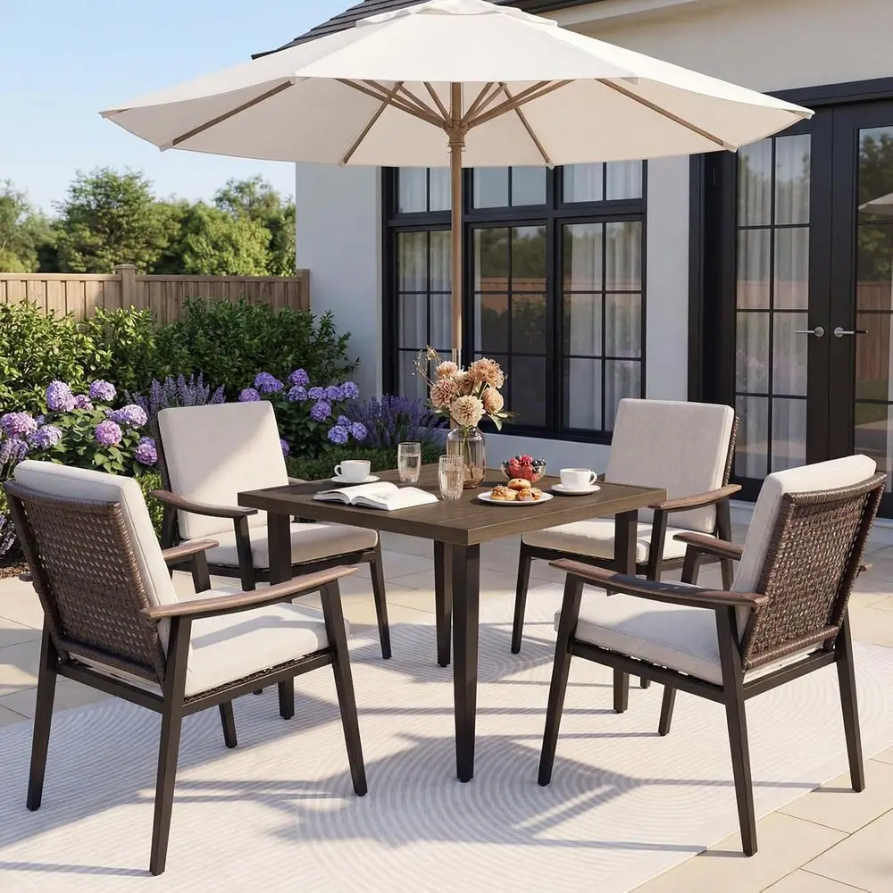 

5-Piece Rattan Patio Dining Set with Cushioned Chairs and Woodgrain Table