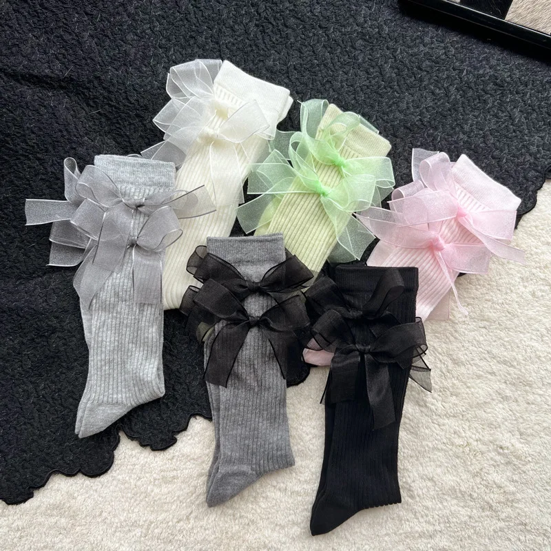 

Summer Mesh Bow Women Socks Japanese Style Lolita Cute Candy Color Kawaii Socks Ballet Dance Style Medium Tube Stacking Socks