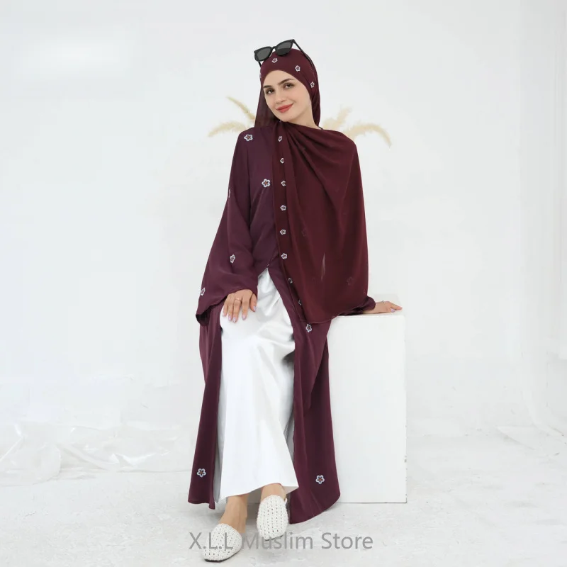 

Luxurious Full Embroidered Cardigan+Two-piece Headscarf SetLR1027