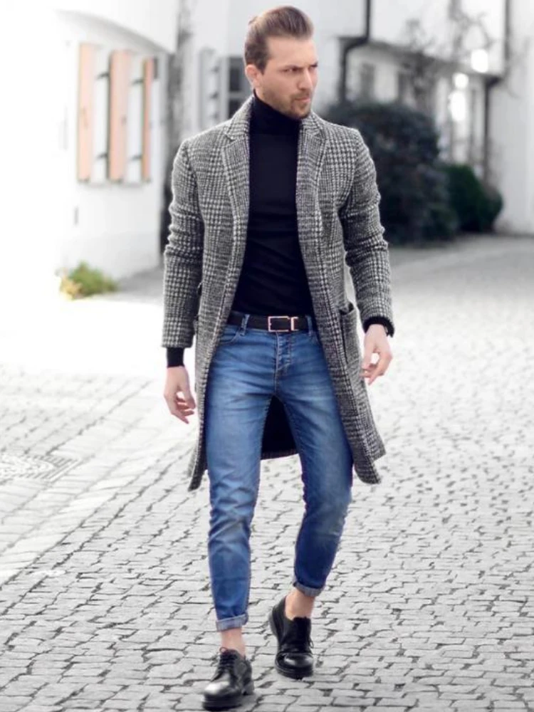 2025Luxury Brands Tweed Coat Men Autumn Winter Long Sleeve Trench Coat Plaid Vintage Slim Mid-length Windbreaker Outerwear