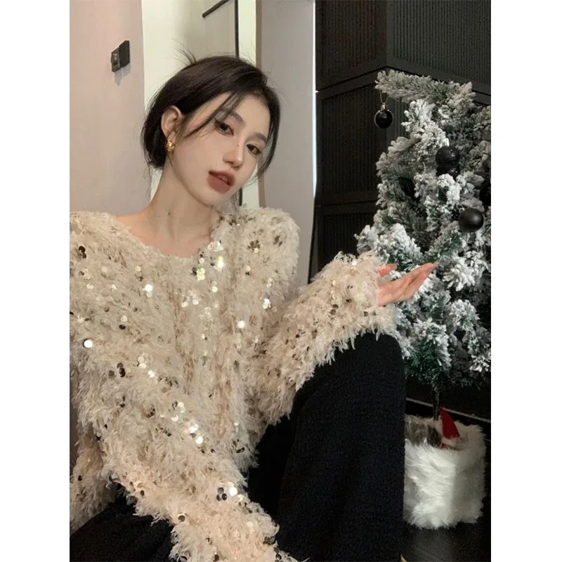 

Женский свитер-джемпер Top Jumper: Новинка осенне-зимней коллекции, мягкий трикотаж, с пайетками, свободный крой, повседневный, нишевый, универсальный, элегантный, дизайнерский, люксовый