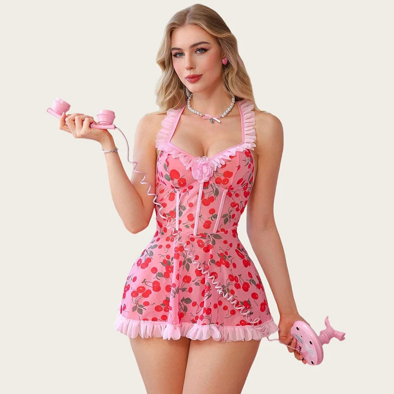 Women's Nightgown Sweet Ruflles Mini Dress Sexy Halter Babydoll Lingerie Casual Ladies Backless Pink Mesh Cherry Print Sleepwear