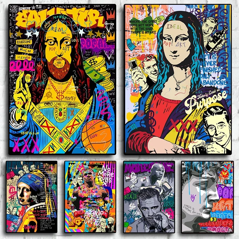 Affiche de musique de graffiti d'art de rue nordique, peinture sur toile esthétique de Mona Lisa Salvator, art de mur, galerie à la maison, décor de chambre, bar