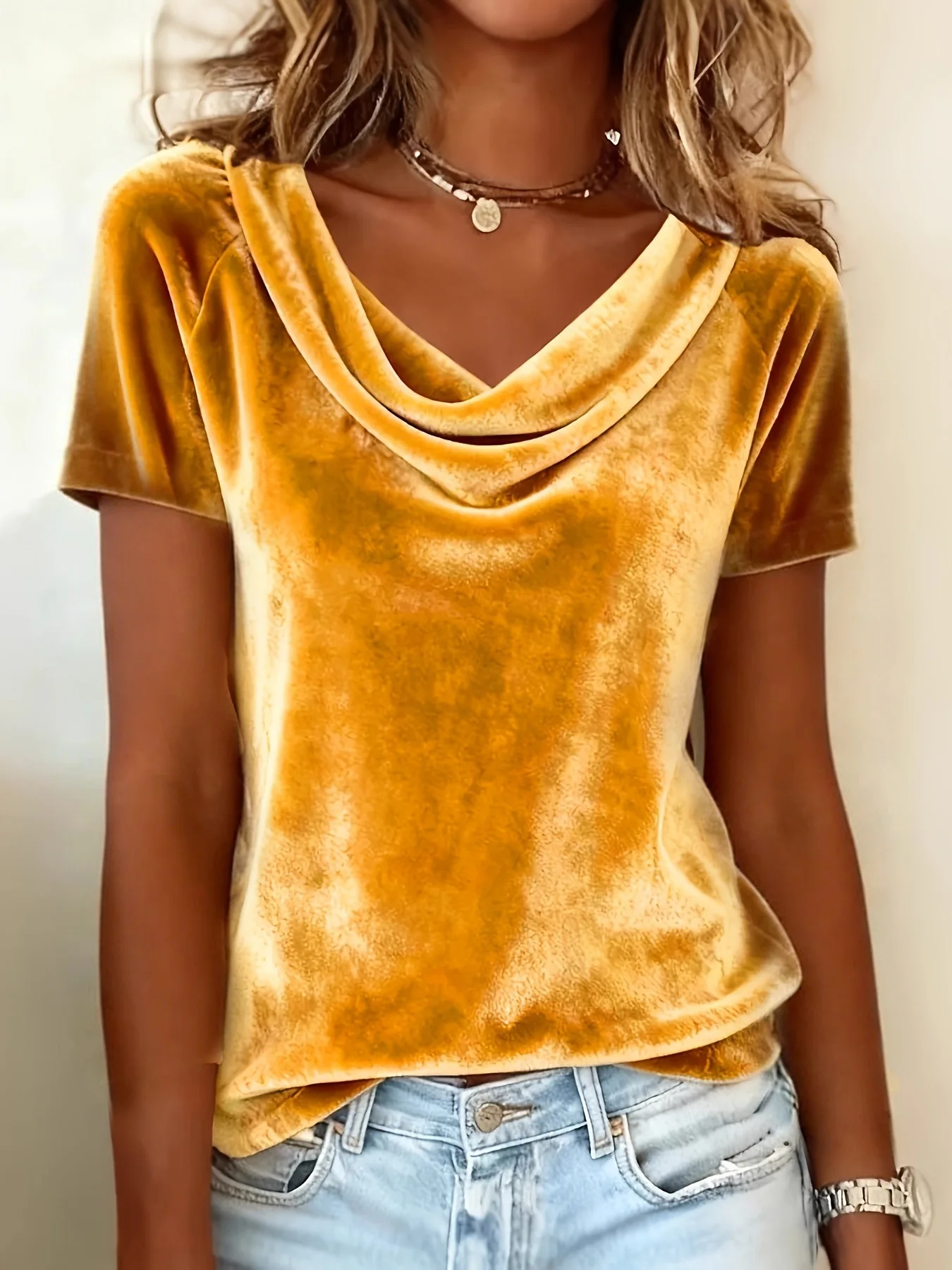 Fashion Women's New Pure Color Drop Shoulder Short Sleeve Sexy Velvet T-Shirt