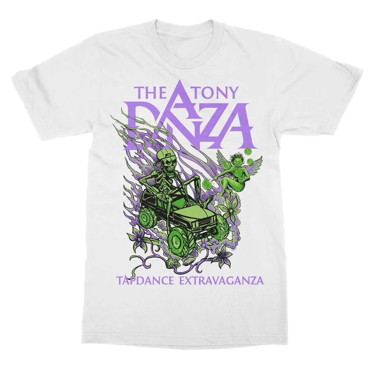 The Tony Danza Tapdance Extravaganza Skeleton Offroad Car Print T Shirt, Vivid Purple Green Floral Fairy Dark Rock Graphic