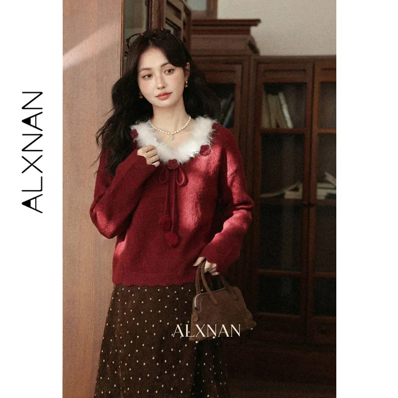 ALXNAN Wool Sweater Women 2026 Red V-neck Furry Trim 3D Floral Tie Design Pullover Loose-fit Long Sleeve Tops Female DYL662345