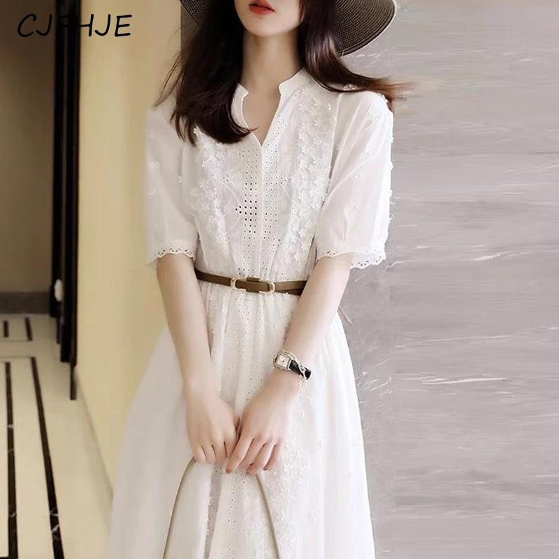 CJFHJE Summer Elegant Fashion White Embroidery Hollow Dress Ladies Short Sleeve Simple Waist A-line Dresses Sweet Cotton Robe