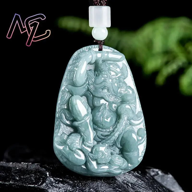 Blue Myanmar Jadeite Zhong Kui Pendant Necklace Talismans Luxury Real Jewelry Natural Burmese Jade Carved Gemstone